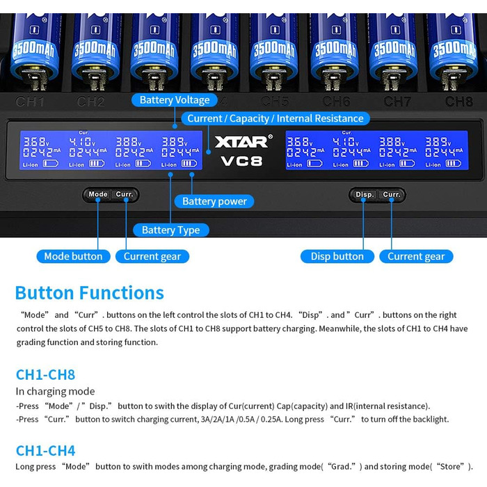 Зарядний пристрій Xtar VC8 для акумуляторів 18650/21700 з LCD-дисплеєм та тестуванням ємності, сумісний з 10440, 16340, 17670, 26650, AA, NI-MH