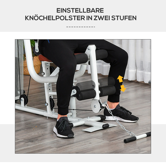 HOMCOM Home Fitness Station, total weight 45kg, with press arm, leg developer, rolling pads, PU leather, 150 x 110 x 210 cm, White | Aosom