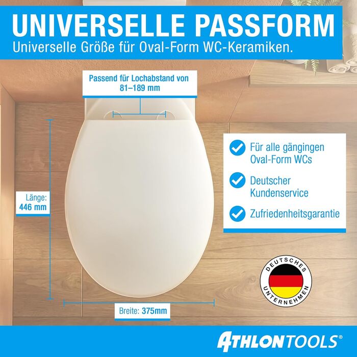 Сидіння для унітаза ATHLON TOOLS овальної форми (O-form) з мікроліфтом Soft-Close, Duroplast, антибактеріальне та стійке до подряпин, біле