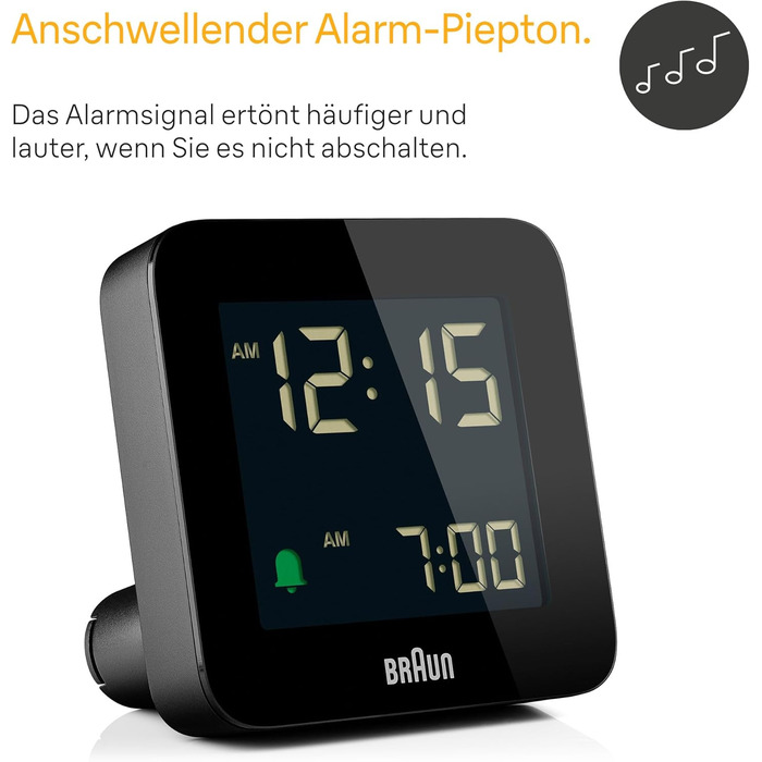 Braun Digital Alarm Clock with Snooze Function, Negative LCD Display, Quick-Set Function, Crescendo Alarm in Black, Model BC09B.