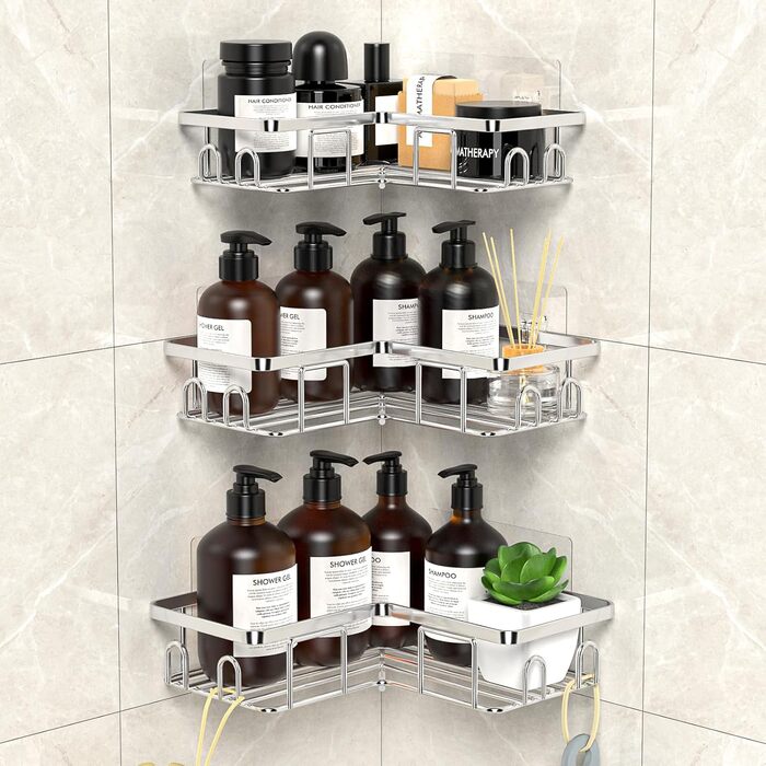 Набір з 3 кутових полиць для душу без свердління, вологостійкий та антикорозійний, органайзер для ванної кімнати, тримач для шампуню та гелю для душу (чорний та срібний)