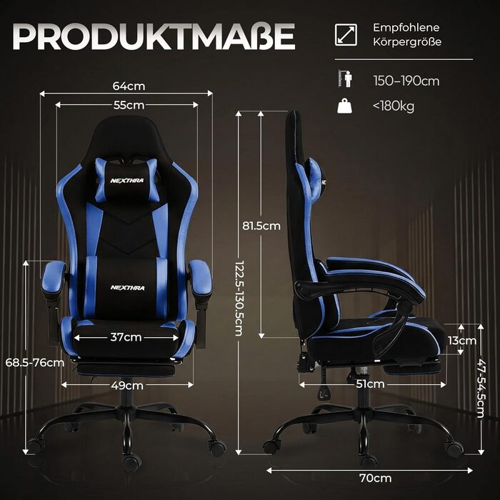 Геймерське крісло Nexthra Ergonomisch з підставкою для ніг, до 180 кг, блакитне. Офісне крісло для геймінгу та роботи, з регульованою спинкою 150°