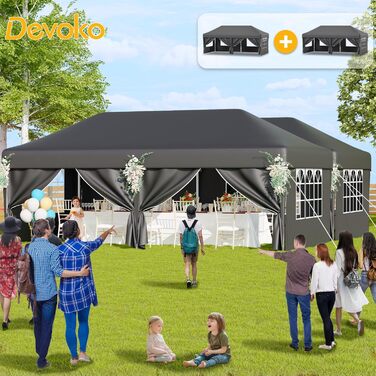 Devoko Gazebo, 2x2 Meter Waterproof, Stable, Winter-Proof Gazebo with 3 Height Adjustments, Foldable Gazebo with UV Protection 50+, Folding Tent, Gazebo with Carry Bag, For Garden, Outdoor, Camping, (3x6m, 6 Side Walls, Grey)