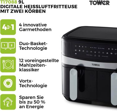 Фритюрниця Tower T17088 Vortx 9 л з двома кошиками, подвійна аерофритюрниця на 2600 Вт, чорна, Smart Finish, 2 камери