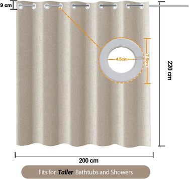 Штора для душу YISURE 200x220 см, бежева, льон, без гачків, водонепроникна, текстильна