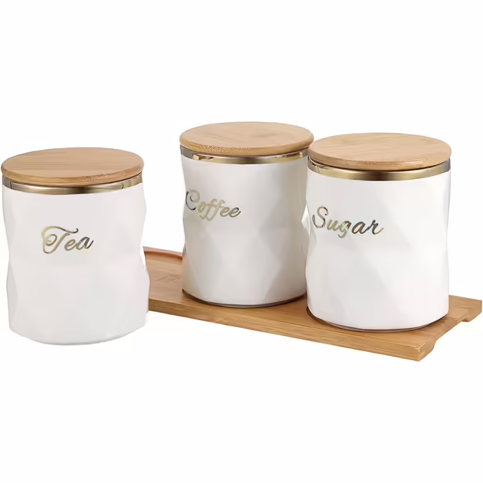 BTSKY White Ceramic Canisters for Sugar, Coffee, Tea, with Lid and Tray, Airtight, Set of 3 Storage Containers, Food Storage Containers, Pots, Jars with Bamboo Lids for Kitchen Counter