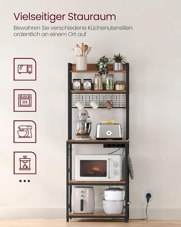 Стелаж кухонний VASAGLE з розетками, для мікрохвильової печі, з решіткою, 14 гачків, антрацит-чорний, 40x60x170 см, вінтажний коричневий + чорний