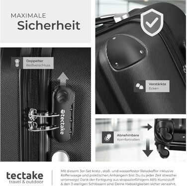 Набір валіз Tectake 3шт з ваговою та білгетом, M-L-XL, ABS, телескопічна ручка, чорний