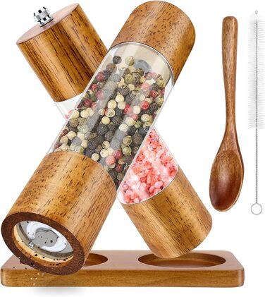 Salt and Pepper Grinder Set of 2, Manual Spice Grinder including Coaster, Cleaning Brush, Spoon (21.5 cm) - Wooden Salt Mill with Adjustable Ceramic Grinder for Spices Pepper Salt