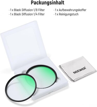 NEEWER Фільтр дифузії 67mm 1/4 & 1/8 для об'єктивів камер, 2 шт., ефект кіно, багатошарове скло, кейс, серветка, для портретної зйомки відео