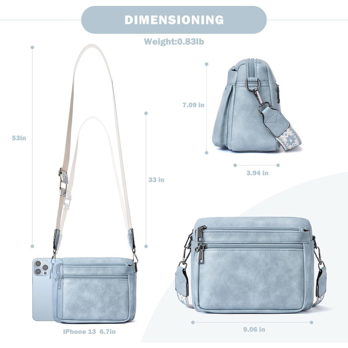 Сумка жіноча через плече MUIIKOLA середнього розміру, екошкіра, м'який широкий ремінь (Світло-блакитна)