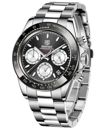 Чоловічий годинник BENYAR з кварцовим механізмом, аналоговий хронограф, бізнес-стиль, водонепроникний, з нержавіючої сталі, для відпочинку та спорту (чорний та білий)