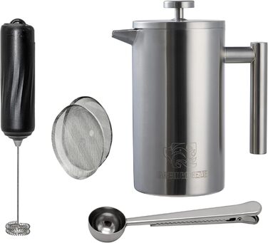 Набір для приготування кави френч-прес, 1 літр, з молочний спінювач, з нержавіючої сталі, термоізольований