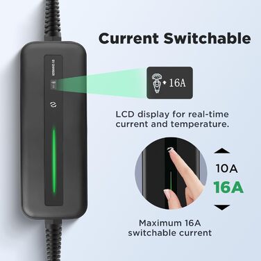 Кабель для зарядки електромобіля Type 2 Schuko 3.68kW 10-16A, 6м, IP66 - Wallbox з LCD дисплеєм для PHEV/EV
