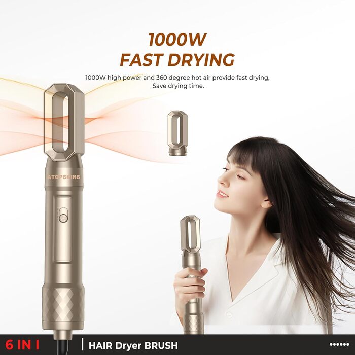 Atopskins Airstyler: Набір для укладки волосся 6-в-1 (фен-щітка, плойка, випрямляч), Золотий