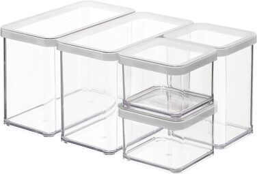 Rotho Loft 5-Piece Storage Canister Set with Lids, Various Sizes, Food-Grade Plastic (PP), BPA-Free, 2 x 2.1l, 1 x 1.0l, 2 x 0.5l (30.0 x 21.0 x 15.0 cm) (transparent/white)
