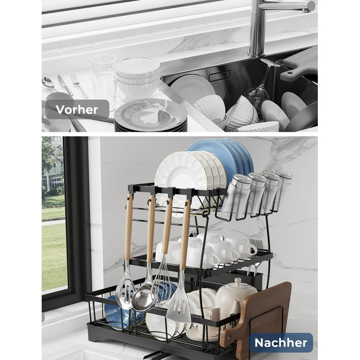 Сушарка для посуду Yissvic з нержавіючої сталі, 3-рівнева, з піддоном, тримачем для ножів та дощечкою для нарізання, поворотним виливом, чорна