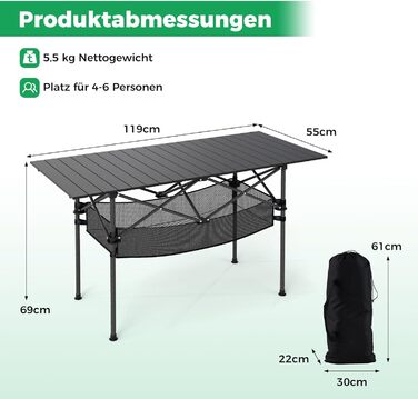 Складний кемпінговий стіл COSTWAY 119x55 см з алюмінієвою стільницею та сітчастою корзиною, до 100 кг, з сумкою для перенесення, для кемпінгу, саду (Чорний)