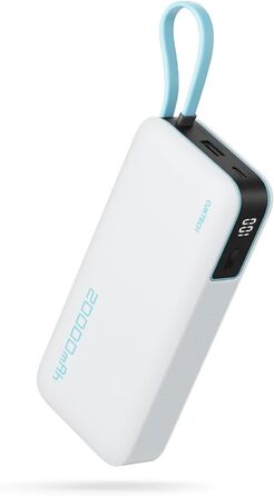 Power Bank CUKTECH 20000mAh з USB-C кабелем, 45W, білий. Швидка зарядка, цифровий дисплей для iPhone, MacBook, Galaxy.