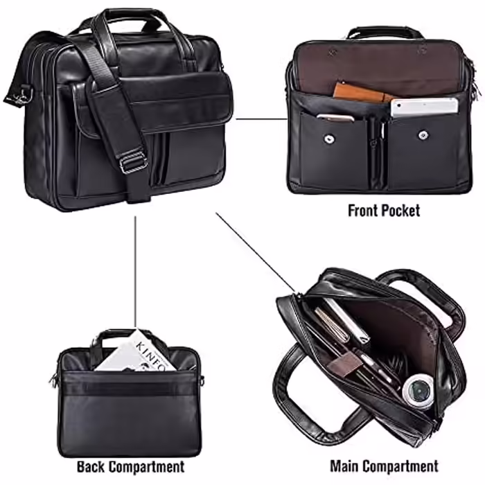 Seyfocnia Courier Bag, Travel Bag, Briefcase, Leather, Handmade, Laptop Bag, Black, 17.3 inches