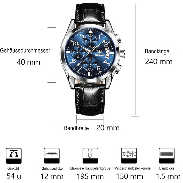 Годинник чоловічий OLEVS Vintage з шкіряним ремінцем, велике циферблат, водостійкий, з датою (2878, блакитний циферблат/чорний ремінець)