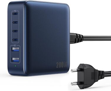 Мережевий зарядний пристрій USB-C на 200W з 6 портами GaN III Tech, PD+QC, з 4 USB-C та 2 USB-A, 65W для ноутбука, швидка зарядка для MacBook/iPad/iPhone 16/15/Samsung (блакитний)