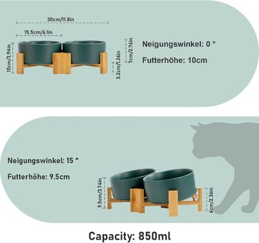SpunkyJunky Adjustable Ceramic Dog Bowls - 2 Pack, 850ml, Green - Tiltable Pet Food Bowls for Dogs, Cats & Puppies with Bamboo Stand