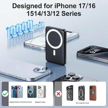 Power Bank AOGUERBE 10000mAh з MagSafe, LED дисплеєм, PD 22.5W, для iPhone 17/16/15/14/13/12 (Чорний)