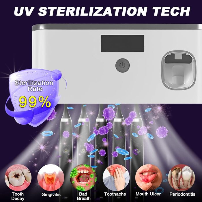 Електричний тримач зубних щіток з дозатором пасти, UV-дезінфекція, настінний монтаж, 2 способи зарядки (золотий/чорний)