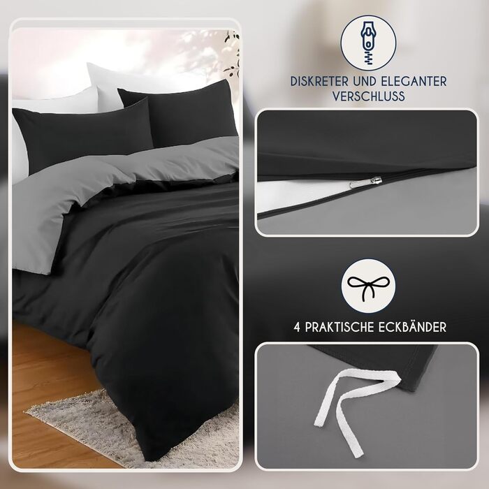Комплект постільної білизни Dreamzie 240x220 см з 2 наволочками 80x80 см, чорний/темно-сірий. 100% мікрофібра, сертифікат Oeko TEX.