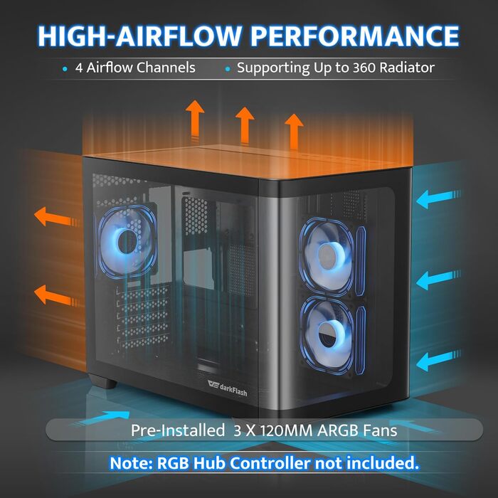 darkFlash ATX корпус для ігрового ПК з 4 ARGB вентиляторами, скло для повного огляду, 2 камери, Type-C, підтримка 2 AIO 360мм, чорний (DPW90)