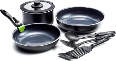 Набір каструль GreenChef ClickPan з керамічним антипригарним покриттям, 3 предмети, 16 см/1,6 л та 20 см/3,1 л, знімна ручка, PFAS-free, для індукції, посудомийної машини, чорний. 8-елементний набір посуду з каструлями та сковородами