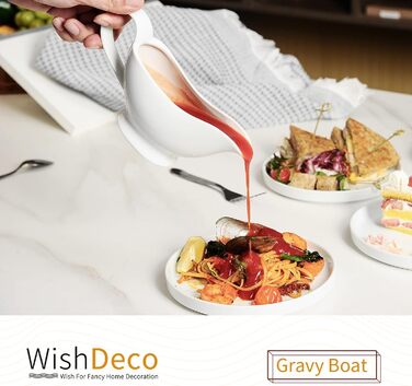 WishDeco біла соусниця з кераміки 220 мл, порцелянова соусниця з ручкою для соусу, салатної заправки, бульйону, крему