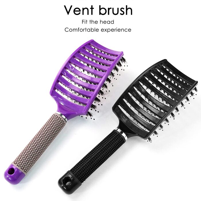 Двохсторонна щітка для волосся з щетиною дикого кабана (чорний та фіолетовий) - безшумна, розподіляє олію, випрямляє волосся, дихаюча, прискорює сушіння