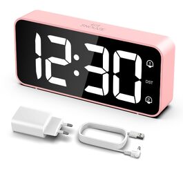 Цифровий LED будильник LATEC з 2 сигналами будильника, функцією Snooze, USB-портом для зарядки, регулюванням яскравості та гучності (90-120 дБ), 8 мелодій, формат 12/24г, мережевий, Рожевий