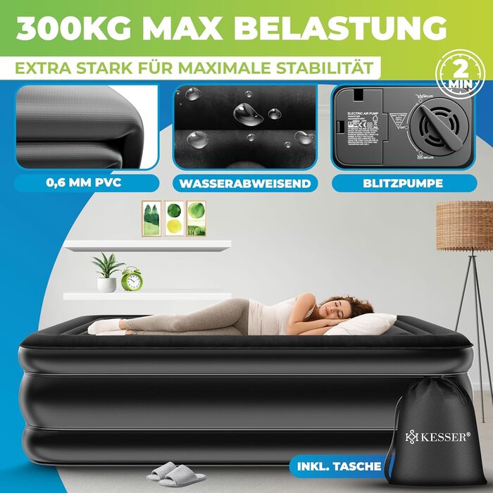 Надувна матрац KESSER® з вбудованим електричним насосом, самонадувна, для гостей, кемпінгу та дому. Матрац для 1 особи, 203 x 95 x 51 см, чорний