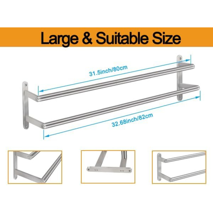 Тримач для рушників на стіну, 60 см, нержавіюча сталь, для ванної кімнати, спальні, кухні, щітковий нікель