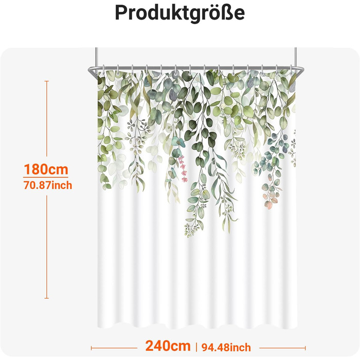 Штора для душу 200x200 см, зелені листки, антигрибкова, водовідштовхувальна, текстильна, поліестер, з кільцями (12 шт.) для ванної кімнати