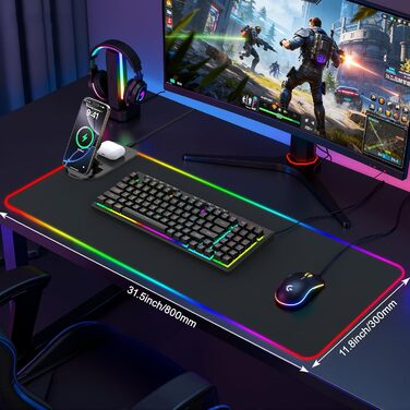 Ігровий RGB килимок для миші з бездротовою зарядкою Qi 15W, 800x350x4мм, 10 режимів підсвічування, швидка зарядка 10W для iPhone та навушників, водонепроникний, протиковзаючий (Чорний)