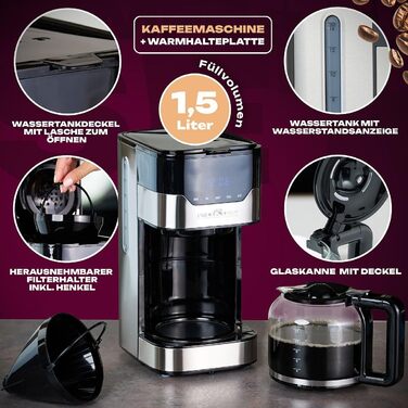 Кавоварка Profi Cook PC-KA 1169 Inox, фільтраційна, на 12-14 чашок, з сенсорним керуванням, 3 електричні режими аромату, корпус із нержавіючої сталі, фільтр, для меленої кави