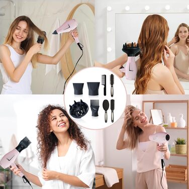 Професійний іонний фен для волосся Salon 2100W з дифузором та насадками, 3 режими температури, 2 швидкості, рожевий