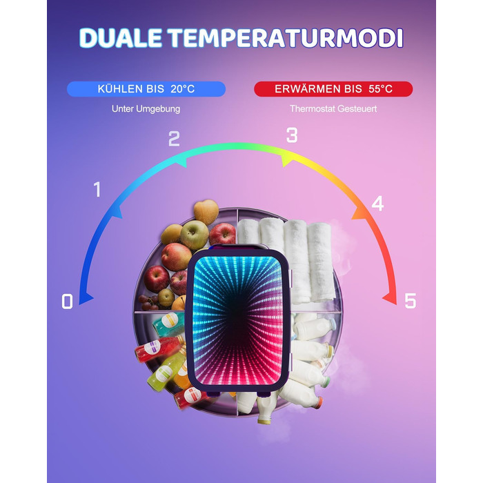 Міні холодильник MF01C з 7 режимами підсвічування та ефектом миготливої вивіски, тиха функція охолодження/підігріву, AC/DC, 4L/6 банок, для ігрової кімнати, спальні, офісу та авто, чорний