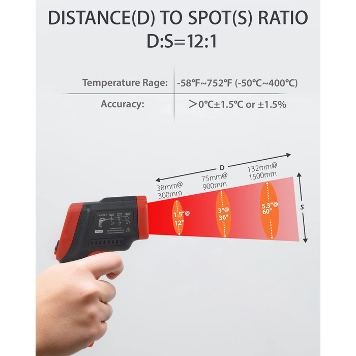 Інфрачервоний термометр Wintact з лазерним цільовим покажчиком, безконтактний, -50℃ to 550℃, для кухні, піци, м'яса, промисловості (WT550)