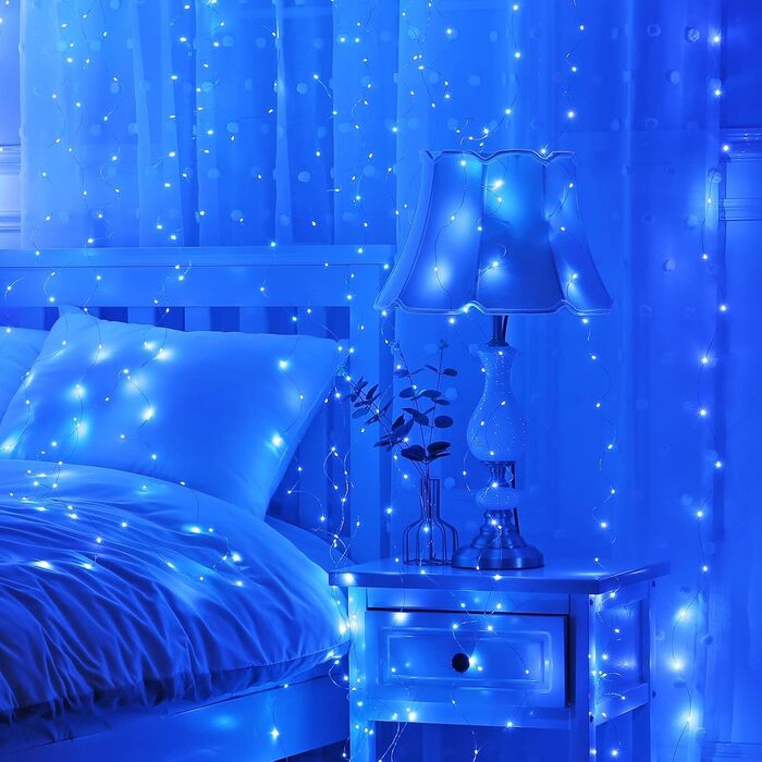 Лямпас світлодіодний Yizhet 3x3м, 300 LED, тепле біле світло, IP65, 8 режимів, для декору вечірки, свята, Нового року, тераси (блакитний)