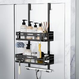 Reading Tour Shower Shelf 0n Drilling Black, Hanging Shower Shelf for Glass Shower Doors, Hanging Shower Shelf with 2 Shower Baskets, 4 Fixed Hooks, 1 Glass Wiper Hook, and 2 Movable Hooks Equipped
