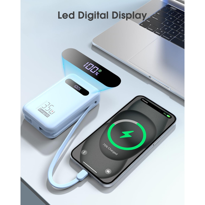 Powerbank 20000mAh з PD 35W, USB-C, LED дисплеєм та кабелями для iPhone, Samsung, Huawei