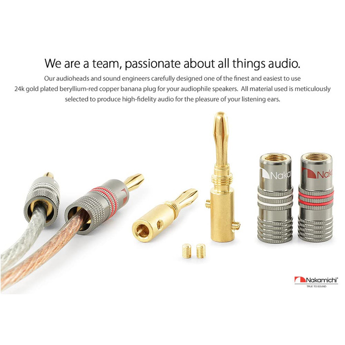 Бананові роз'єми Nakamichi Ultimate Series 24K позолочені берилієво-мідні конектори для акустичних кабелів 12-18 AWG, 4 мм, для HiFi колонок та підсилювачів, 10 шт (5 пар)