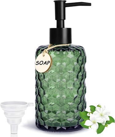 Скляний дозатор для мила 500 мл з хвильовим дизайном для ванної кімнати та кухні, з чорною пластиковою помпою, дерев'яними етикетками та воронкою (вугільний колір, зелений)