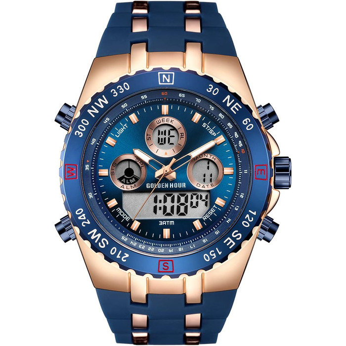 Чоловіжі військові спортивні годинники: цифрові, аналогові, з датою, будильником, світосвітністю, секундоміром. Великі годинники для чоловіків (Rose Gold Blue)