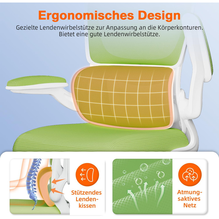 Ергономічне крісло для офісу з регульованою підголівником, підтримкою попереку та відкидними підлокітниками, крісло для начальника, 150 кг, функція гойдання до 135° (Зелений, Модель 2)